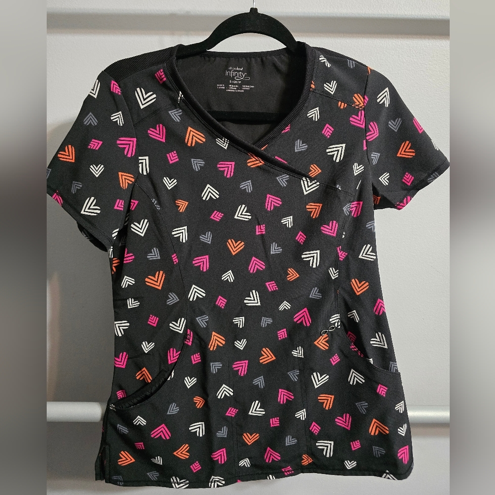 Cherokee Infinity Black Scrub Top with Colorful Heart Pattern